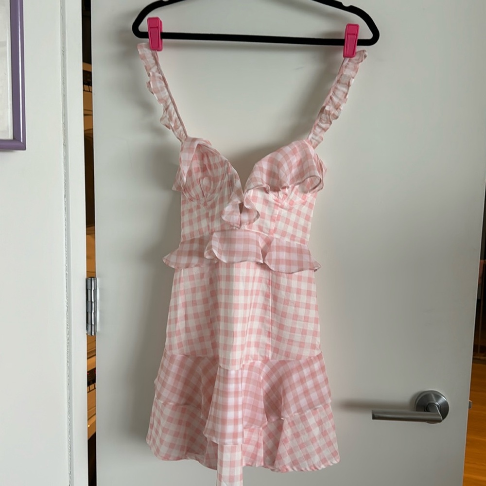 For Love and Lemons Dixie Ruffle Pink Gingham Mini Dress